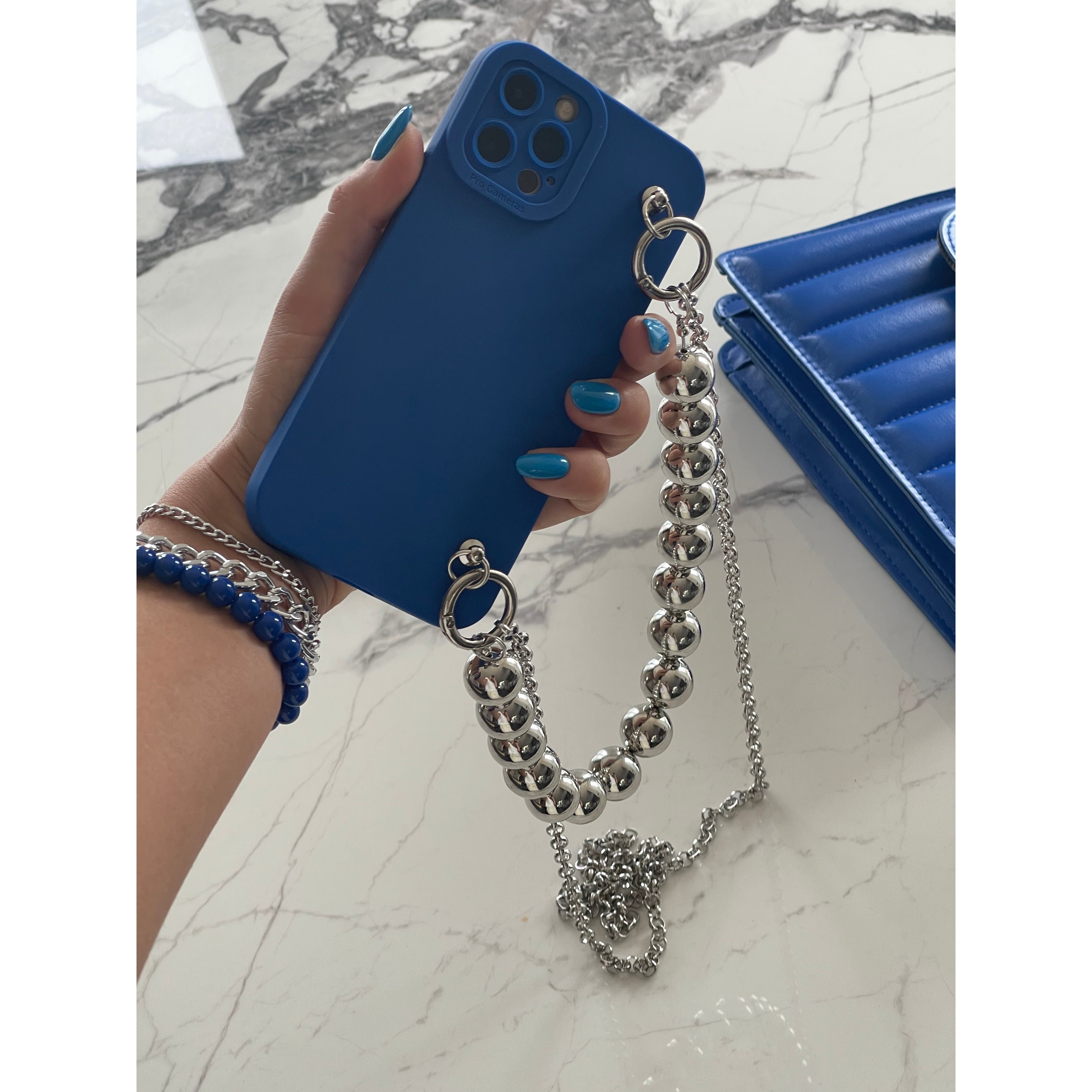 Blue iPhone Case With Silver Beads Strap