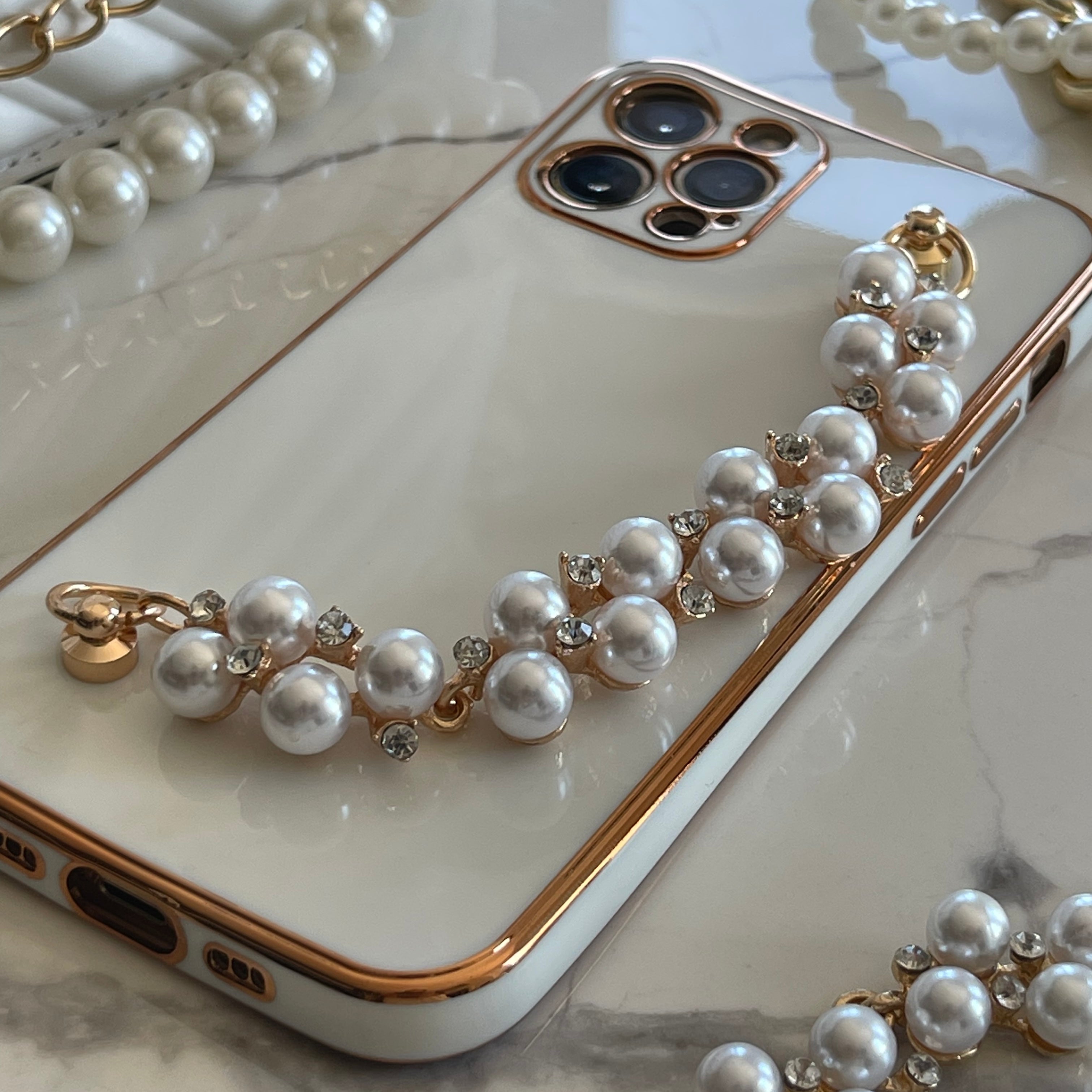 Elegant Pearl Holder with Ribbon Chain White Phone Case for iPhone