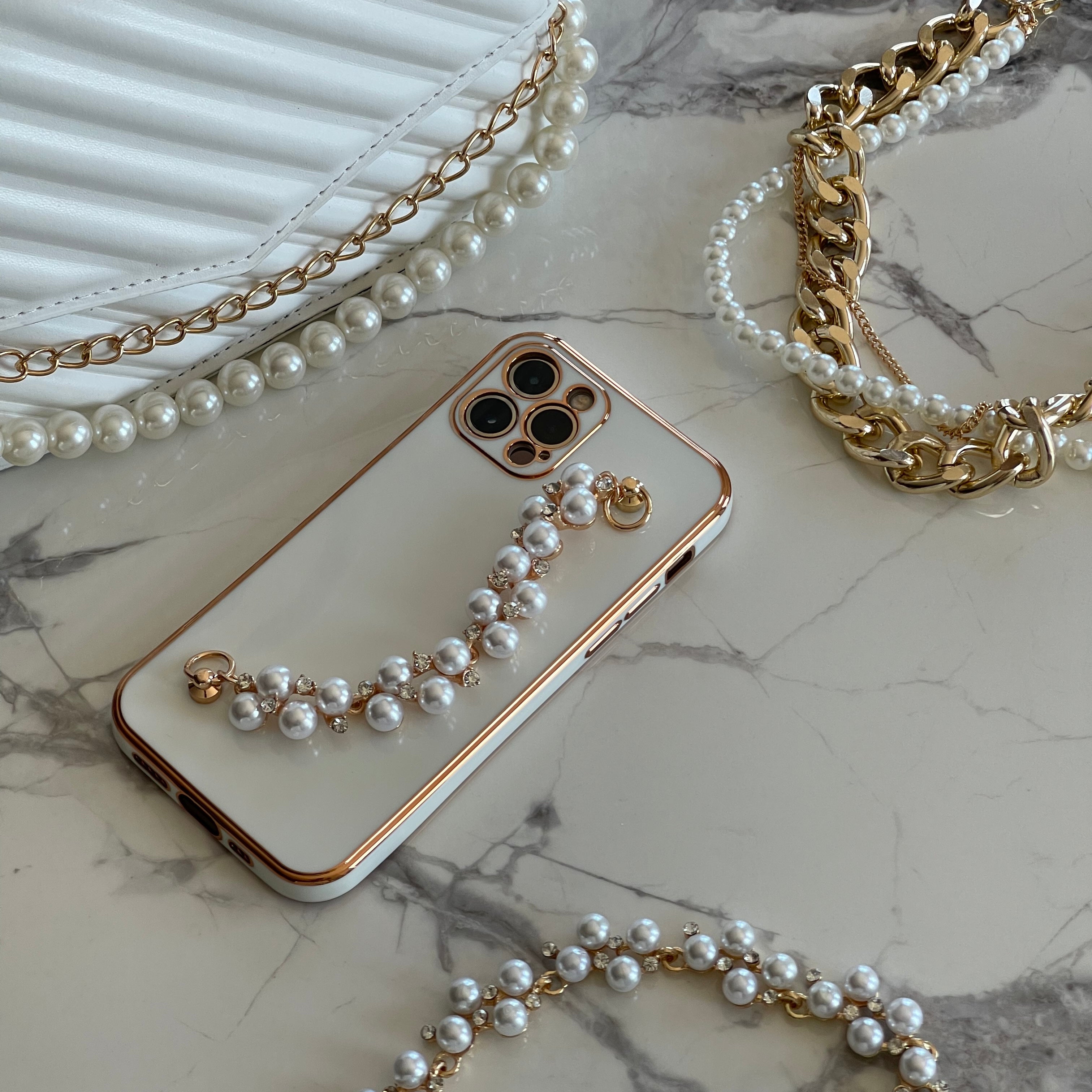 Plating Water Ripples Pearl Coin Bracelet Crossbody Long Chain Soft Case  For iPhone 11 13 12 Pro X XR Max Protective Back Cover